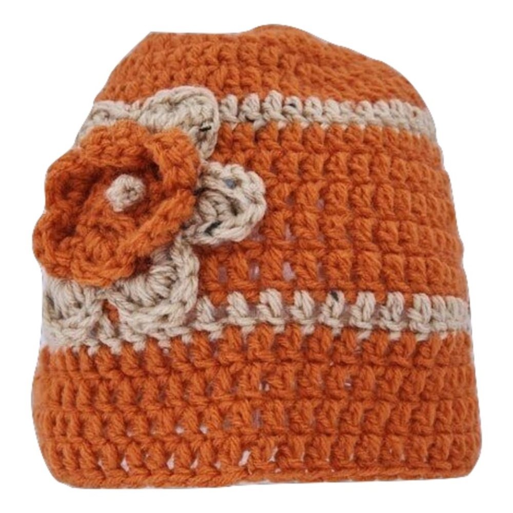 Homemade Hand Crocheted Orange and Tan Flower Beanie Winter Hat - Picture 1 of 1